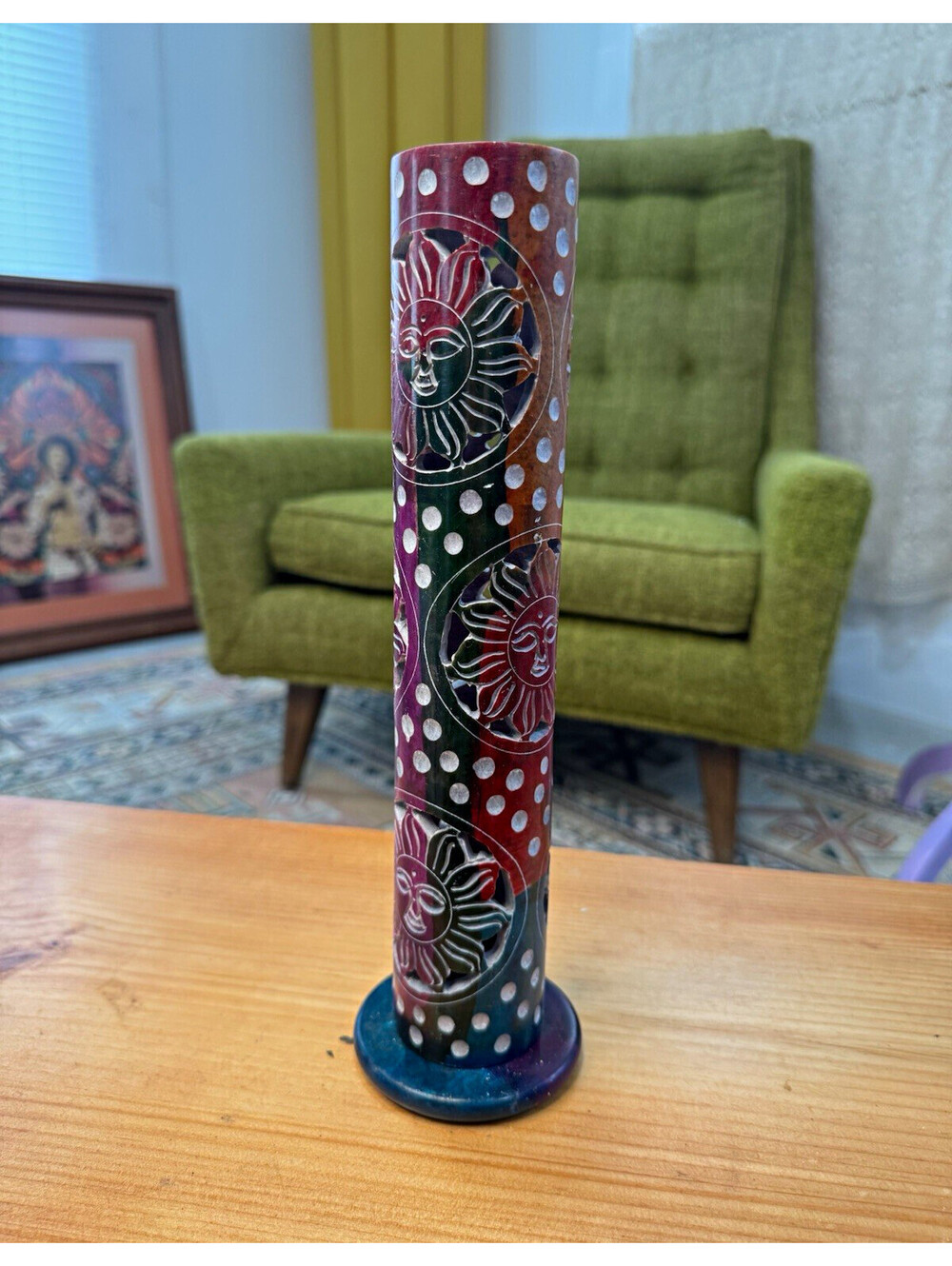 Carved rainbow stone celestial Sun Face Incense Holder